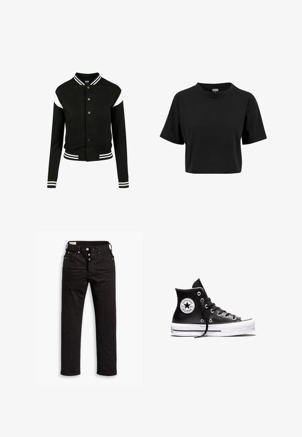 Veste varsity noire avec des accents blancs, poignets et ourlet côtelés, fermeture à boutons, deux poches latérales, fabriquée en tissu doux. Design sportif classique.; T-shirt noir court en coton, avec un col rond et des manches courtes, présentant une texture lisse et unie sans graphiques visibles.; Jean noir à jambe droite avec fermeture à boutons, poches avant et arrière, et détails en rivets cuivrés sur fond blanc.; Baskets montantes Converse Chuck Taylor All Star noires avec semelle en caoutchouc blanc et patch logo sur la cheville, présentées sur un fond blanc.