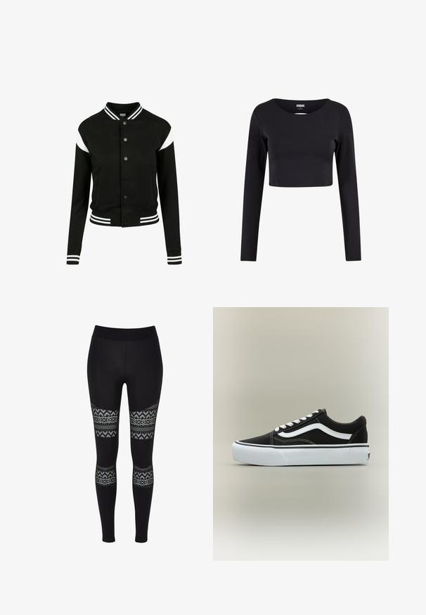 Veste varsity noire avec des accents blancs, poignets et ourlet côtelés, fermeture à boutons, deux poches latérales, fabriquée en tissu doux. Design sportif classique.; Haut noir à manches longues cropped en tissu extensible. Doté d'un col rond et d'une silhouette ajustée. Design simple sans motifs ni accents.; Leggings noirs avec une texture lisse, présentant des découpes à motifs au niveau des cuisses, avec un design floral dans des teintes de bleu clair.; Baskets basses noires avec bande blanche latérale, lacets blancs, semelle en caoutchouc blanche et bout texturé sur fond neutre.