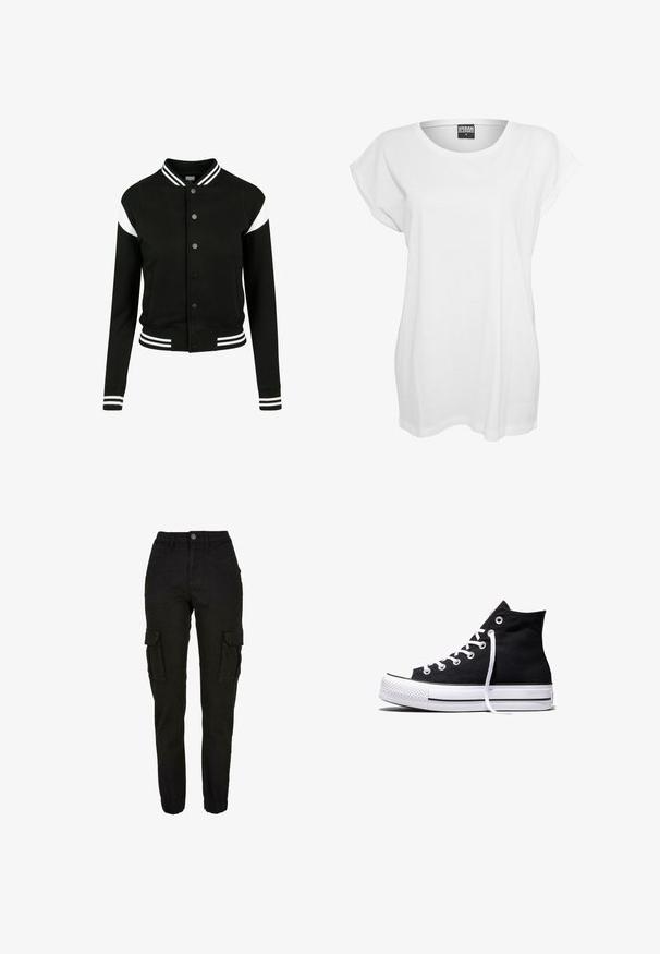 Chaqueta tipo varsity negra con acentos en blanco, puños y dobladillo acanalados, cierre de botones, dos bolsillos laterales, hecha de un tejido suave. Diseño deportivo clásico.; Camiseta blanca de manga corta hecha de algodón, con un corte relajado, cuello ancho y un diseño minimalista sin patrones ni adornos.; Pantalones cargo negros con cintura alta, bolsillos laterales con solapa, bolsillos delanteros, trabillas para cinturón, cierre con botón y puños elásticos.; Zapatilla alta de lona negra con suela de goma blanca y cordones blancos, vista de lado sobre un fondo blanco.