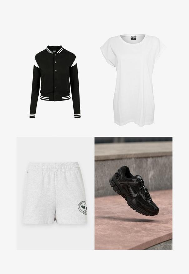 Sort varsityjakke med hvide accenter, ribbede manchetter og kant, knaplukning, to sidelommer, fremstillet af blødt stof. Klassisk sportsdesign.; Hvid kortærmet t-shirt lavet af bomuld, med en afslappet pasform, bred halsudskæring og minimalistisk design uden mønstre eller accenter.; Lysegrå atletikshorts med elastisk talje og et lille rundt Nike-logo på højre underben.; Sort atletiksko med mesh-overdel, teksturerede detaljer og en polstret sål. Fremtrædende Nike-logo på tungen og elegante designelementer.