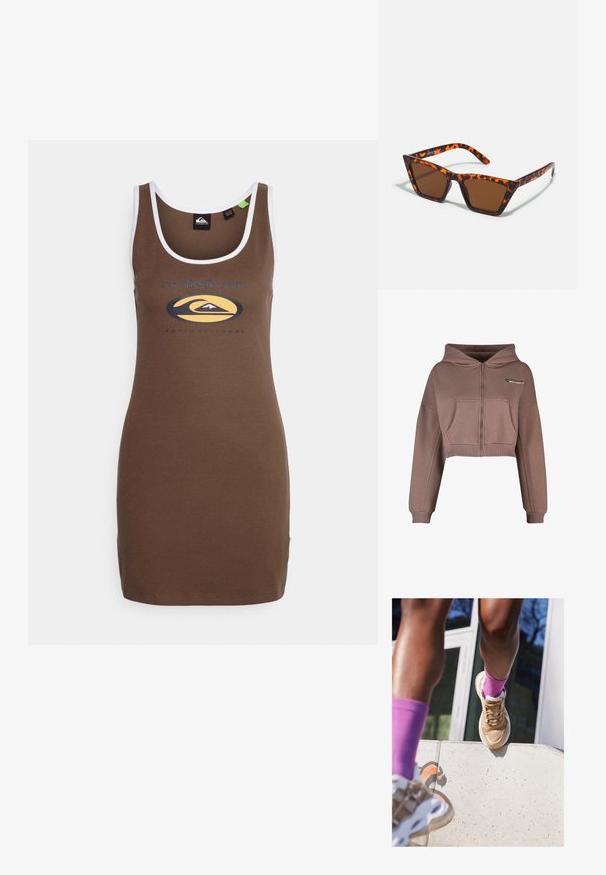 Hoodie zippé court en tissu brun muted. Présente une poche avant, un ourlet côtelé et des poignets côtelés assortis. Logo sportif en haut à gauche.; Quiksilver UNI TANK DRESS - Robe fourreau - brown-smu; Baskets de sport marron clair avec des panneaux en mesh, des accents blancs et une semelle en caoutchouc, accompagnées de chaussettes violettes vibrantes, posées sur un rebord en béton.; Lunettes de soleil teintées de brun avec un motif écaille de tortue, monture angulaire et branches fines. Matériau en plastique léger.
