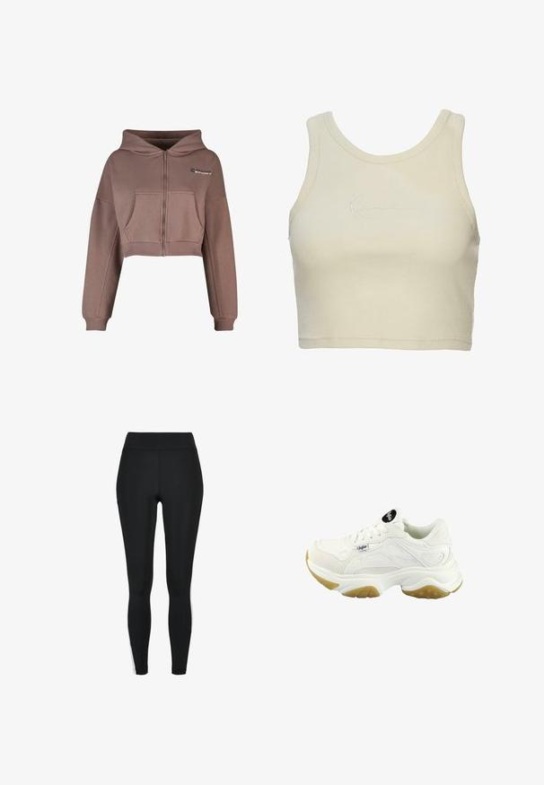 Korte, lynlås hættetrøje i afdæmpet brun stof. Har en frontlomme, ribkant forneden og matchende ribbede manchetter. Sportslogo på øverste venstre side.; Korte tanktop i blød creamfarvet stof, med ribbet tekstur og et diskret broderet logo på forsiden. Minimalistisk design.; Sorte leggings med høj talje, der har hvide striber på siderne, lavet af et strækbart stof for komfort og fleksibilitet.; Hvide sneakers med overdel i struktureret læder, snørelukning og en tyk sål med gummirubberdetalje. Bemærkelsesværdige designlinjer på siderne.