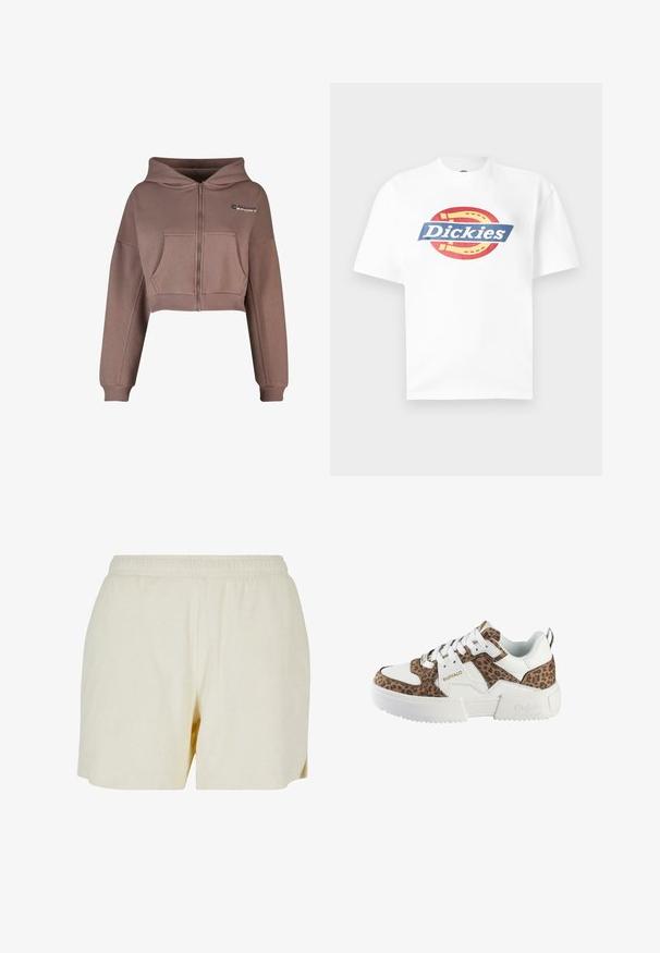 Zastrihnutá mikina na zips v tlmených hnedých farbách. Obsahuje predné vrecko, rebrovaný lem a zodpovedajúce rebrované manžety. Športové logo v hornej ľavej časti.; Biele tričko s krátkym rukávom s červeným a žltým logom podkovy a modrým nápisom "Dickies" na hrudi.; Krémové, mäkké šortky z látky s elastickým pásom, rovnom strihom a bočnými švami. Majú minimalistický dizajn a žiadne viditeľné kovové prvky.; Biele tenisky s leopardím vzorom na paneloch, textúrovaný kožený zvršok, okrúla špička a odpružená podrážka. Obsahujú šnúrky a zadný úchyt.