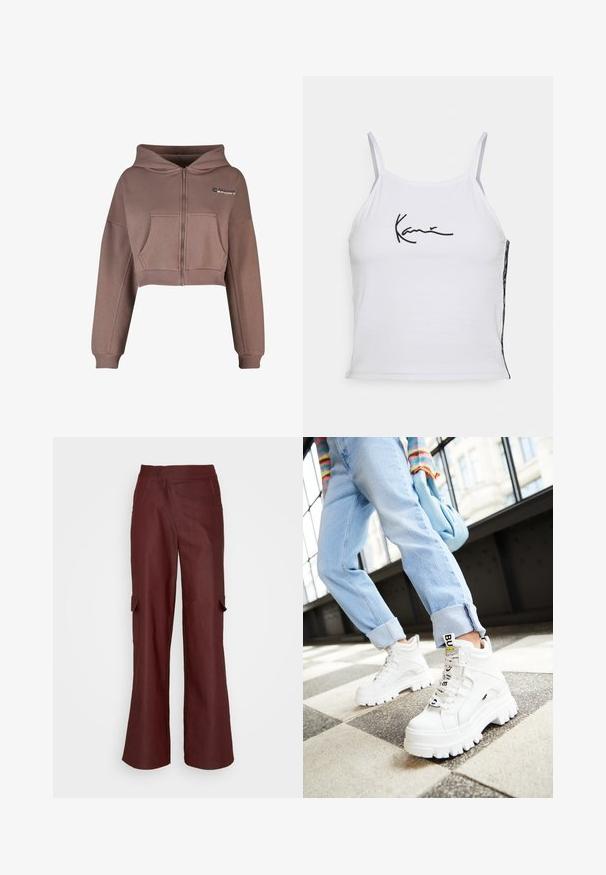 Korte, lynlås hættetrøje i afdæmpet brun stof. Har en frontlomme, ribkant forneden og matchende ribbede manchetter. Sportslogo på øverste venstre side.; Hvid ærmeløs crop top lavet af bomuld, med sort broderet tekst. Sidepanel viser et mønstret stof, der tilføjer tekstur.; Missy Empire ASYMMETRIC WAISTBAND TROUSERS - Cargobukser - dark red; Hvide klodsede sneakers med tykke såler, snørebånd foran og mærkeflag. Båret med lyseblå jeans med opsmøg på et mønstret gulv.