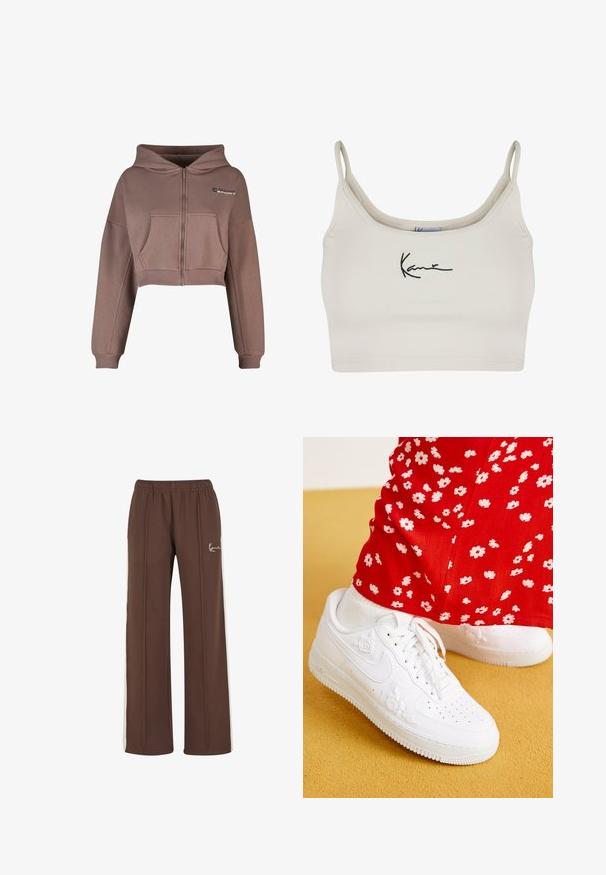 Korte, lynlås hættetrøje i afdæmpet brun stof. Har en frontlomme, ribkant forneden og matchende ribbede manchetter. Sportslogo på øverste venstre side.; Lys beige crop top med tynde stropper og en tætsiddende design. Har et broderet sort signatur på fronten. Glat tekstur og strækbart materiale.; Brune vidde bukser med hvide sidelommer og elastisk talje, med lille hvidt logo på øverste venstre ben.; Hvide lædersneakers med blomsterprægede detaljer, rund tå og en tekstureret gummisål. Parret med røde bukser med hvidt blomsterprint.
