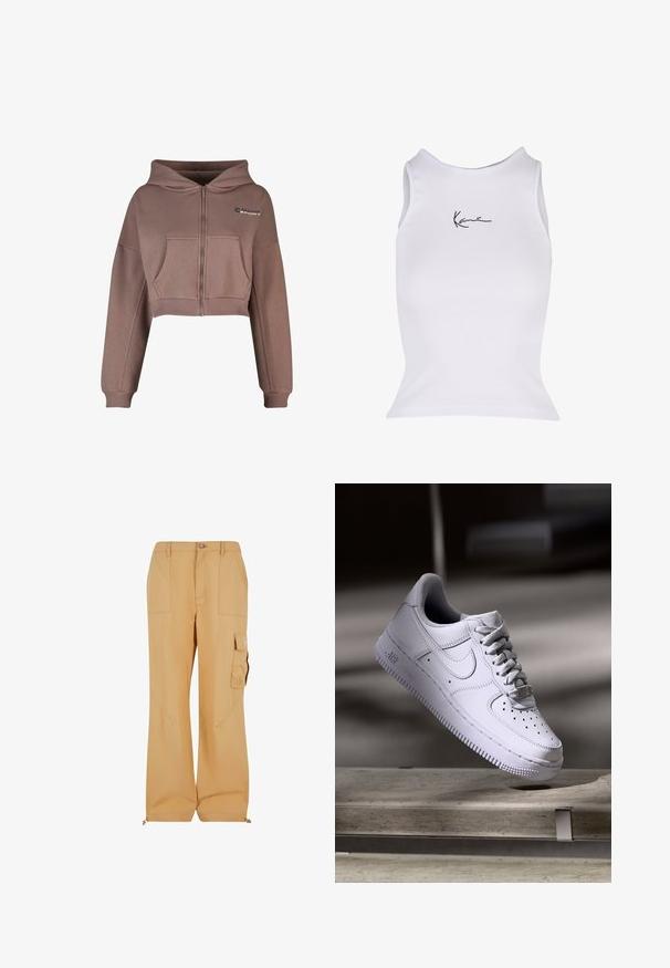 Korte, lynlås hættetrøje i afdæmpet brun stof. Har en frontlomme, ribkant forneden og matchende ribbede manchetter. Sportslogo på øverste venstre side.; Hvid ribbet tanktop med rund halsudskæring og et sort signaturlogo på fronten. Designet er tætsiddende og ærmeløst.; Beige cargo bukser lavet af letvægtsmateriale, med knaplukning, sidelommer og justerbare benender for en afslappet pasform.; Hvid Nike Air Force 1 sneaker svævende over en betonoverflade med skygger i et minimalistisk miljø.