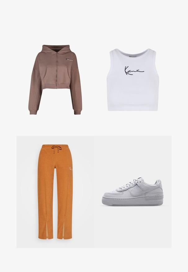 Hoodie zippé court en tissu brun muted. Présente une poche avant, un ourlet côtelé et des poignets côtelés assortis. Logo sportif en haut à gauche.; Crop top blanc côtelé avec un col arrondi et un logo noir brodé sur le devant. Coupe près du corps pour un ajustement parfait.; Pantalons de jogging couleur rouille en tissu doux, dotés d'une taille élastique avec cordon de serrage, d'encoches sur les chevilles et d'un détail logo discret.; Basket en cuir lisse gris Nike Air Force 1 avec un bout perforé, une semelle épaisse et un détail 'AIR' en relief sur le talon.