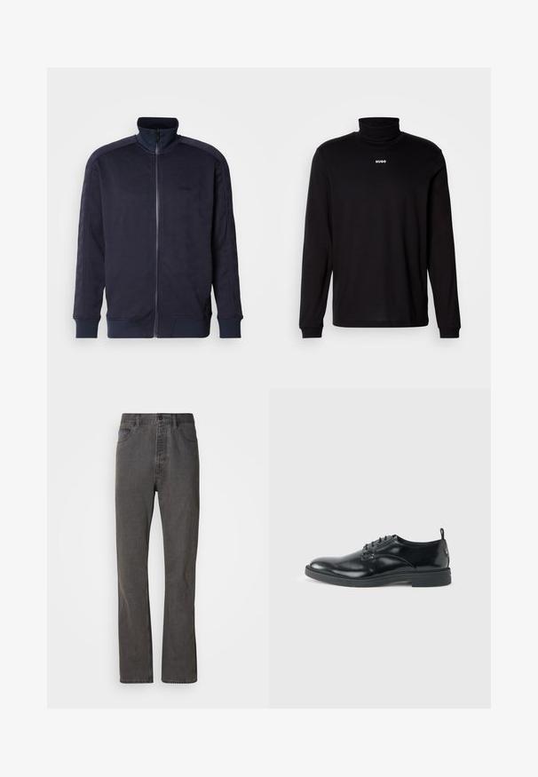 Marineblå zip-up jakke med høj krave, tekstureret overflade med et geometrisk mønster samt kontrasterende ensfarvet kant og mansjetter.; Sort langærmet turtleneck skjorte lavet af glat stof, med et hvidt "HUGO" logo på brystet, samt tætsiddende manchetter og kant.; Grå denim jeans med lige ben-design, der har forlommer, knaplukning og subtil tekstur.; Blank sort læder dresssko med lav hæl, snørelukning og rund tå, vist fra siden på ensfarvet lys baggrund.