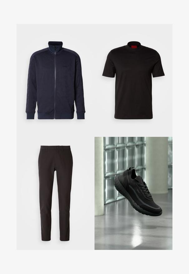 Veste zippée marine avec col montant, surface texturée présentant un motif géométrique, et ourlet et poignets unis contrastants.; T-shirt noir à manches courtes avec un design à col haut. Fabriqué en tissu lisse. Présente une étiquette de marque rouge à l'intérieur du col.; Pantalons noirs en tissu lisse, à coupe droite, avec une taille standard dotée d'une fermeture à bouton, sans poches ni motifs visibles.; Baskets en maille noire avec semelle épaisse à crampons et lacets, de la marque "BOSS", flottant à l'intérieur près d'un mur en blocs de verre et d'un sol en béton.