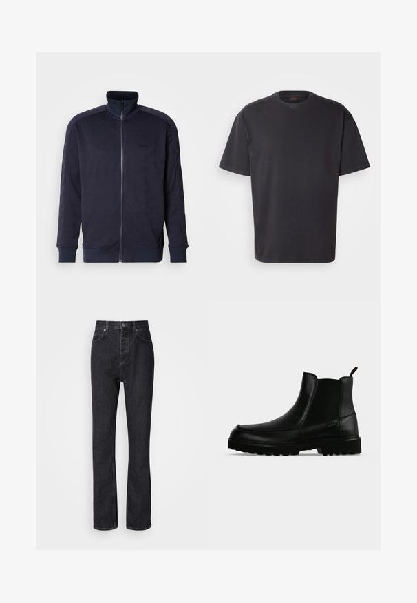 Marineblauwe zip-up jas met hoge kraag, gestructureerd oppervlak met een geometrisch patroon en contrasterende uniforme zoom en mouwen.; Zwarte T-shirt met korte mouwen van katoen, met een ronde halslijn en subtiele branding bij de kraag. Gladde textuur met een relaxte pasvorm.; Hoge taille zwarte denim jeans met een knoop- en ritssluiting, voor- en achterzakken en een rechte pasvorm.; Zwarte leren enkellaars met een gestructureerde zool, elastische zijpanelen en een trekriempje op een lichtgrijze achtergrond.