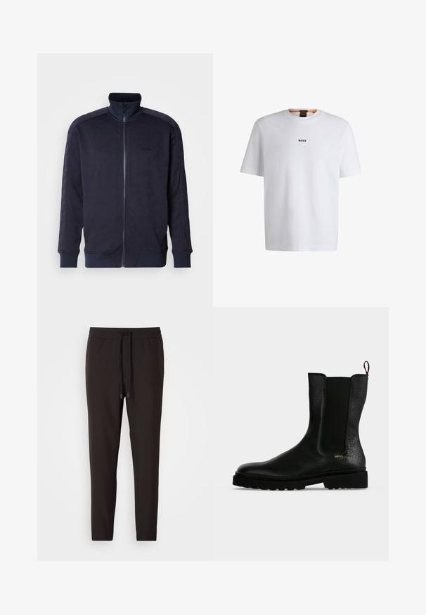 Veste zippée marine avec col montant, surface texturée présentant un motif géométrique, et ourlet et poignets unis contrastants.; T-shirt en coton blanc à manches courtes, avec un logo noir "BOSS" centré sur la poitrine et un design à col rond.; Pantalon de jogging noir en tissu doux, avec une taille élastique et un cordon de serrage, des jambes fuselées et sans motifs ni embellissements visibles.; Bottine en cuir noir avec un panneau latéral élastique, une semelle épaisse et une languette à l’arrière, featuring un petit logo doré "Hugo" près du talon.