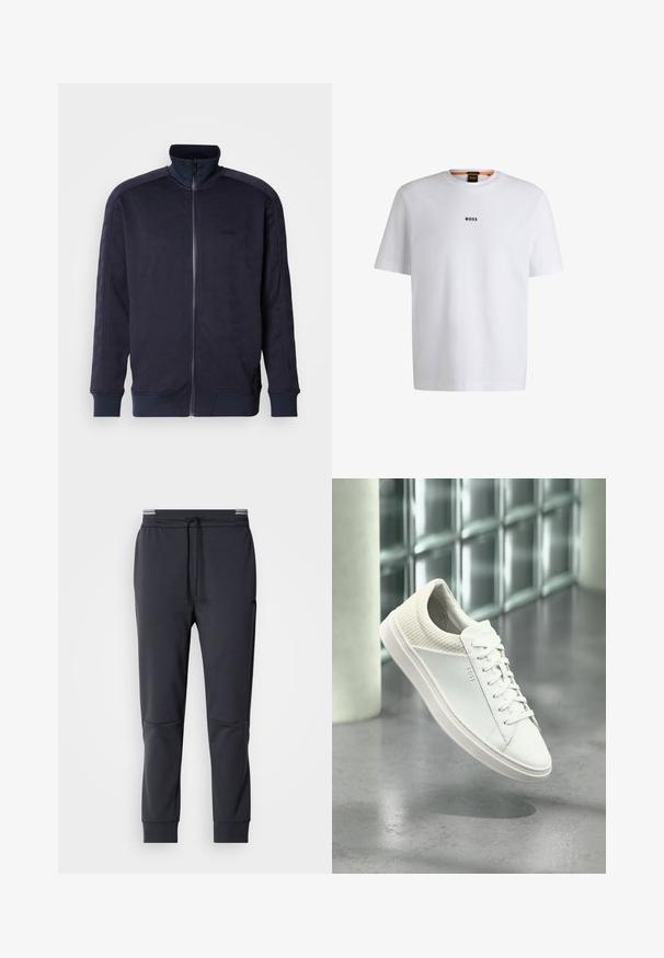 Chaqueta de cremallera azul marino con cuello alto, superficie texturizada que presenta un patrón geométrico y dobladillos y puños en un color liso en contraste.; Camiseta de algodón blanca de manga corta, con un logotipo negro "BOSS" centrado en el pecho y un diseño de cuello redondo.; Pantalones de chándal gris oscuro con cintura ajustable, perneras ajustadas y bolsillos laterales. Textura suave y detalles de diseño minimalistas.; Zapatilla blanca de corte bajo con talón acolchado y logotipo lateral "BOSS" de marca, mostrada flotando en el interior sobre un suelo gris pulido.