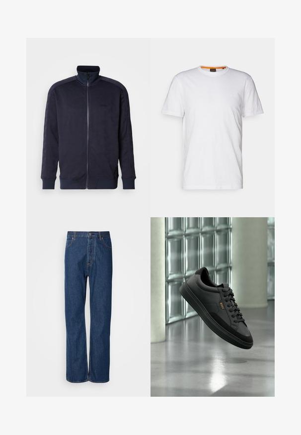Veste zippée marine avec col montant, surface texturée présentant un motif géométrique, et ourlet et poignets unis contrastants.; T-shirt en coton blanc avec un col rond, des manches courtes et un logo en relief subtil sur la poitrine. L'étiquette intérieure a une touche d'orange.; Jean en denim bleu avec une coupe droite, équipés d'une fermeture à bouton, de cinq poches et de coutures contrastantes le long des coutures.; Sneaker basse en cuir noir avec lacets noirs et logo "BOSS" doré, affichée en suspension devant un mur en blocs de verre et un sol gris.