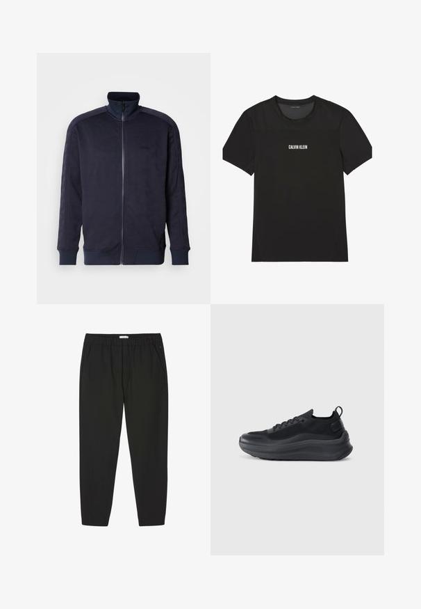 Námornícky zip-up kabát s vysokým golierom, textúrovaný povrch s geometrickým vzorom a kontrastným pevným lemom a manžetami.; Čierne atletické tričko s krátkym rukávom s sieťovinou na hornej časti hrudníka a ramenách, s logom "Calvin Klein" umiestneným v strede vpredu.; Čierne nohavice s elastickým pásom, rovnými nohavicami a bočnými vreckami, určené na bežné alebo profesionálne nosenie.; Čierna atletická obuv s vrchnou časťou z sieťoviny, textúrovanými akcentmi a hrubou gumovou podrážkou. Obsahuje pútko na päte a šnurovací dizajn.