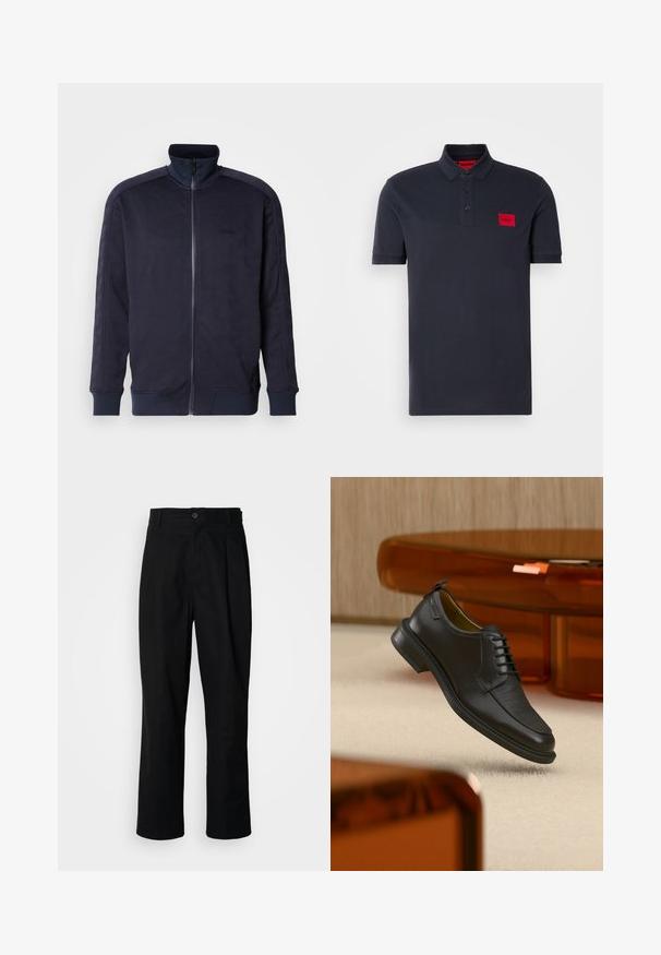 Námornícky zip-up kabát s vysokým golierom, textúrovaný povrch s geometrickým vzorom a kontrastným pevným lemom a manžetami.; Námornícka polokošeľa vyrobená z bavlny, s trojbuttonovým zapínaním, rebrovaným golierom a manžetami, a červeným logom na ľavom prsníku.; Čierne nohavice s rovnými nohavicami, s gombíkovým pásom, pútkami na opasok a predným záhybom, vystavené na jednoduchej bielej pozadí.; Čierna kožená šnurovacia spoločenská obuv s textúrovanou prednou časťou, vznášajúca sa nad béžovým kobercom v modernej miestnosti s nábytkom v jantárových tónoch.