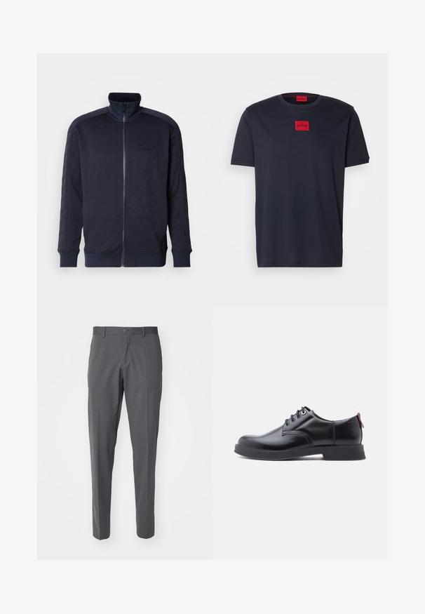 Námornícky zip-up kabát s vysokým golierom, textúrovaný povrch s geometrickým vzorom a kontrastným pevným lemom a manžetami.; Čierne bavlnené tričko s krátkymi rukávmi s červeným štvorcovým logom s nápisom "HUGO" na hrudi. Klasický strih s okrúhlym výstrihom.; Sivé nohavice vyrobené z hladkej tkaniny, s gombíkovým zapínaním, prednými vreckami a štíhlym strihom.; Čierne kožené šnurovacie topánky s hladkou textúrou, zaoblenou špičkou a jemnými švami. Na päte je červené sťahovacie očko.