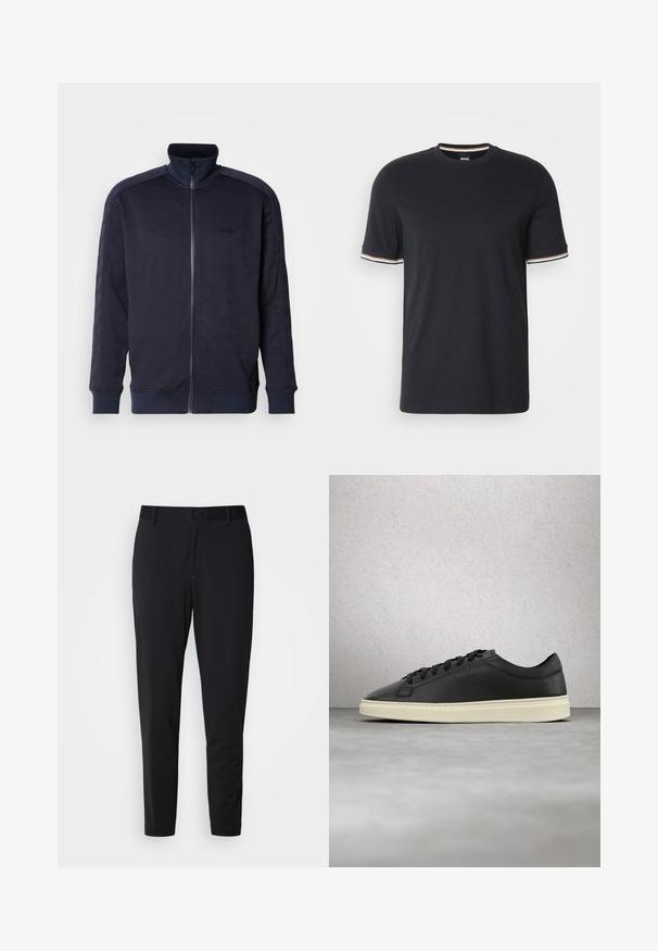 Veste zippée marine avec col montant, surface texturée présentant un motif géométrique, et ourlet et poignets unis contrastants.; T-shirt en coton noir avec un col rond, des manches courtes et des accents rayés en blanc, orange et bleu au niveau des poignets.; Pantalon noir en tissu texturé, avec une coupe droite, une taille standard avec un bouton et des poches latérales.; Baskets en cuir noir avec un bout arrondi, des lacets plats et une semelle en caoutchouc couleur crème, présentant un logo discret et une texture lisse.