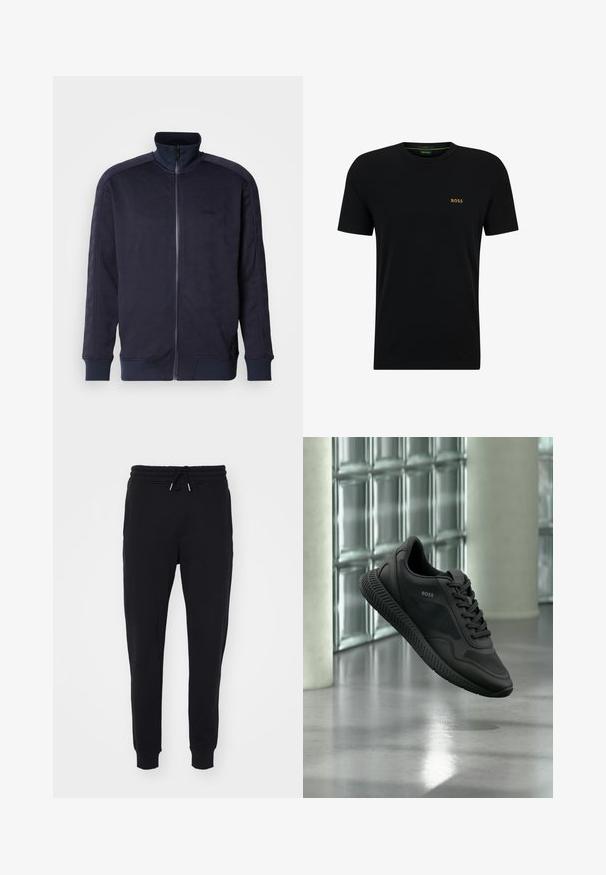 Námornícky zip-up kabát s vysokým golierom, textúrovaný povrch s geometrickým vzorom a kontrastným pevným lemom a manžetami.; Čierne bavlnené tričko s guľatým výstrihom, krátkymi rukávmi a malým zlatým logom na ľavej strane hrudníka. Hladká textúra a jednoduchý dizajn.; Čierne tepláky vyrobené z mäkkého materiálu, s elastickým pásom na šnúrku, bočnými vreckami a zúženými manžetami na členkoch.; Čierna teniska značky BOSS s detailmi z priedušnej sieťoviny a kože, vznášajúca sa nad leštenou podlahou oproti stenám zo sklenných tvárnic.