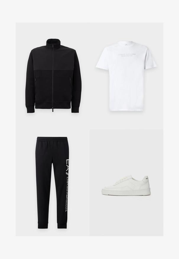 Schwarze Vollzip-Jacke mit hohem Kragen, zwei mit Reißverschluss versehenen Seitentaschen und gerippten Bündchen, flach auf einem weißen Hintergrund ausgelegt.; Weißes Baumwoll-T-Shirt mit Rundhalsausschnitt, kurzen Ärmeln und geprägt "ARMANI EXCHANGE MILANO/NEW YORK" Logo auf der Vorderseite.; Schwarze Sweatpants aus Baumwollmischung mit elastischem Taillenbund, schmal zulaufenden Beinen, gerippten Bündchen und weißem Logo-Druck entlang der Seite.; Weiße Ledersneaker mit glatter Oberfläche, runder Zehenpartie, flachen Schnürsenkeln und strukturiertem Sohlenprofil. Mit einem dezenten Logo an der Ferse.