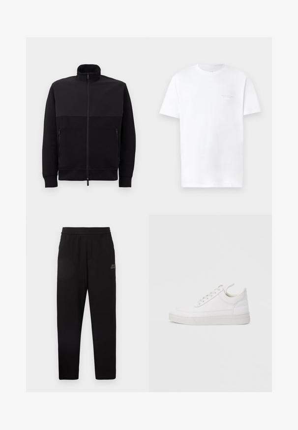 Schwarze Vollzip-Jacke mit hohem Kragen, zwei mit Reißverschluss versehenen Seitentaschen und gerippten Bündchen, flach auf einem weißen Hintergrund ausgelegt.; Weißes Baumwoll-T-Shirt mit kurzen Ärmeln, Rundhalsausschnitt, mit subtiler grauer Logodruck auf der linken Brustseite und glatter Textur.; Schwarze tapered Sweathosen mit elastischem Bund und kleinem aufgedrucktem Logo am oberen linken Oberschenkel.; Weißer Ledersneaker mit abgerundetem Zehenbereich, flacher Sohle und Schnürverschluss. Verfügt über Nahtdetails und einen gepolsterten Kragen für zusätzlichen Komfort.