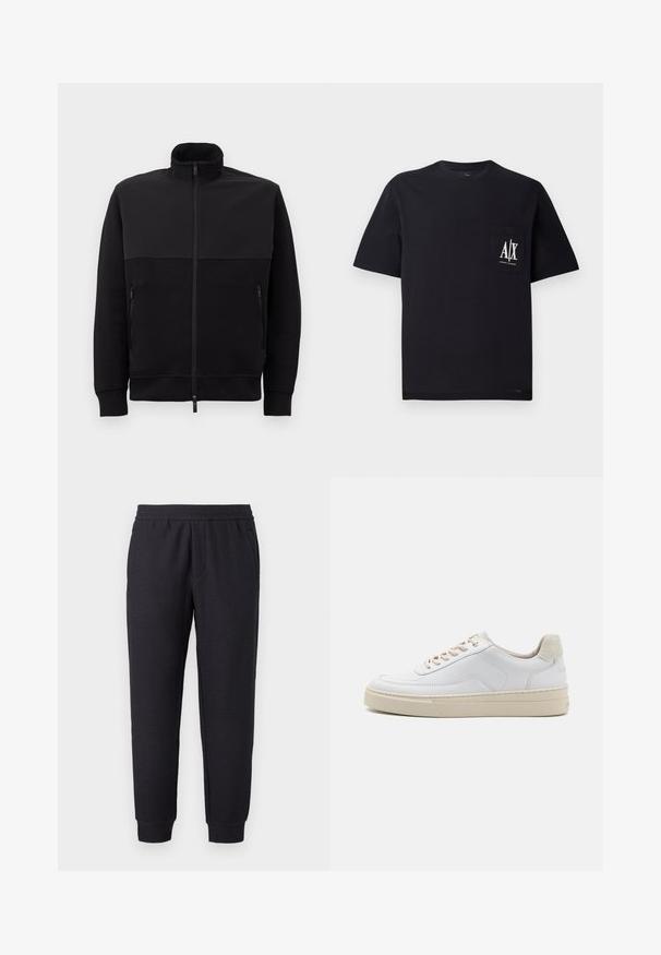 Schwarze Vollzip-Jacke mit hohem Kragen, zwei mit Reißverschluss versehenen Seitentaschen und gerippten Bündchen, flach auf einem weißen Hintergrund ausgelegt.; Schwarzes Baumwoll-T-Shirt mit Rundhalsausschnitt und kurzen Ärmeln. Besitzt eine Brusttasche mit weißem "A/X"-Logo. Glatte Textur, lockere Passform.; Schwarze, verjüngte Sweatpants mit elastischem Bund und Bündchen, mit subtil strukturiertem Muster und seitlichen Taschen.; Weiße Sneaker mit einem glatten Lederobermaterial, beigen Schnürsenkeln und einer strukturierten, beigen Wildleder-Fersenschlaufe. Erhöhte Sohle für zusätzlichen Komfort.