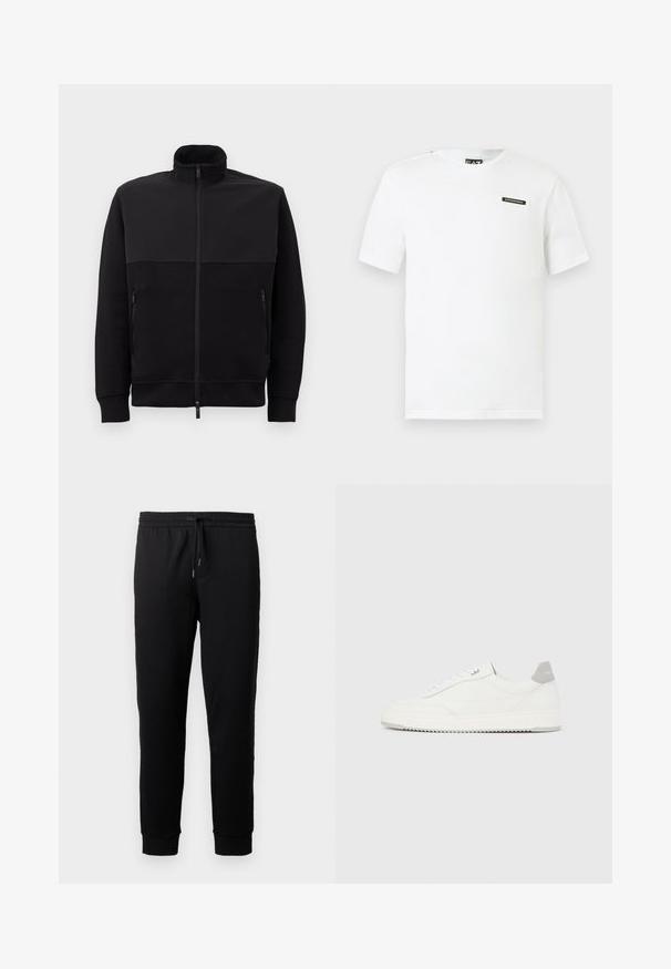 Schwarze Vollzip-Jacke mit hohem Kragen, zwei mit Reißverschluss versehenen Seitentaschen und gerippten Bündchen, flach auf einem weißen Hintergrund ausgelegt.; Weißes Baumwoll-T-Shirt mit kurzen Ärmeln, Rundhalsausschnitt und einem kleinen schwarzen Logo-Patch auf der linken Brust. Glatte Textur, Standardpassform.; Schwarze Jogginghosen aus weichem Stoff mit einem elastischen Bund und Kordelzug. Mit schmal zulaufenden Beinen und gerippten Bündchen.; Weißer Sneaker mit niedrigem Schaft, grauem Fersenlaschen, weißen Schnürsenkeln und einer strukturierten Sohle, dargestellt vor einem schlichten hellen Hintergrund.