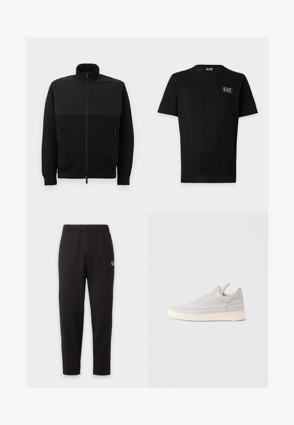 Zwarte full-zip jack met hoge kraag, twee ritszakken aan de zijkanten en geribbelde manchetten, plat gelegd op een witte achtergrond.; Zwart T-shirt met korte mouwen met een kleine EA7 Emporio Armani logo-patch op de linkerborst en bijpassend neklabel.; Zwarte joggingbroek met elastische taille, taps toelopende pijpen en een klein wit logo op het bovenste linker bovenbeen.; Lichtgrijze leren sneaker met getextureerde zijkanten, veters aan de voorkant en een crèmekleurige rubberen zool. Heeft een gladde neuskap en minimale designelementen.