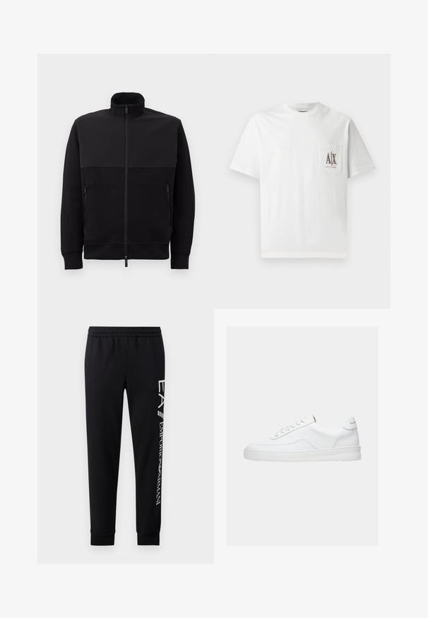 Zwarte full-zip jack met hoge kraag, twee ritszakken aan de zijkanten en geribbelde manchetten, plat gelegd op een witte achtergrond.; Witte katoenen t-shirt met korte mouwen, een ronde halslijn en een linkerklepzak met geborduurd "A|X" logo in bruin.; Zwarte sweatpants van een katoenmix, met een elastische tailleband, taps toelopende benen, ribgebreide boorden en een wit logo-opdruk langs de zijkant.; Witte lage sneaker met vetersluiting, glad leren bovenwerk en dikke zool, gezien vanuit de zijkant tegen een effen achtergrond.