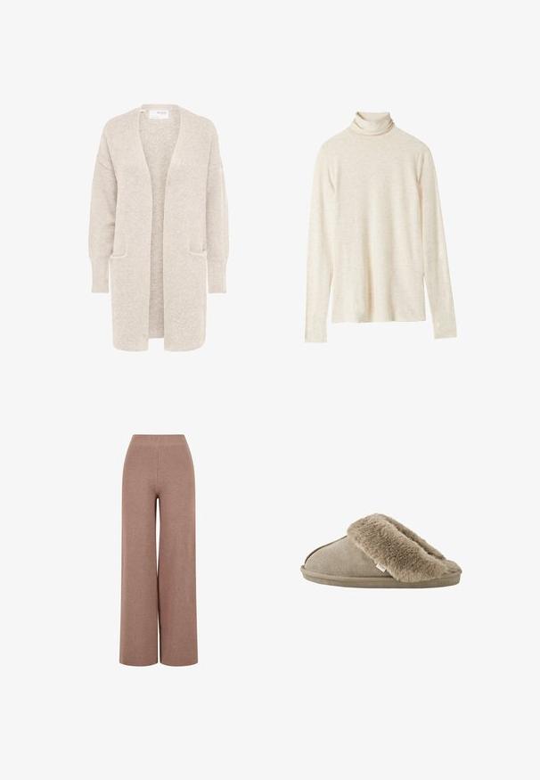 Lange beige open cardigan met lange mouwen en twee voorzakken, zachte gestructureerde gebreide stof.; Beige coltrui met lange mouwen, gemaakt van zachte stof, heeft een relaxte pasvorm, subtiele textuur en geen zichtbare patronen of accenten.; Bruine, wijde gebreide broeken van textuurstof, met een elastische tailleband en een losse pasvorm voor comfort.; Beige instapslof met zachte, pluche bontvoering rond de opening en een suède-achtige buitenzool.