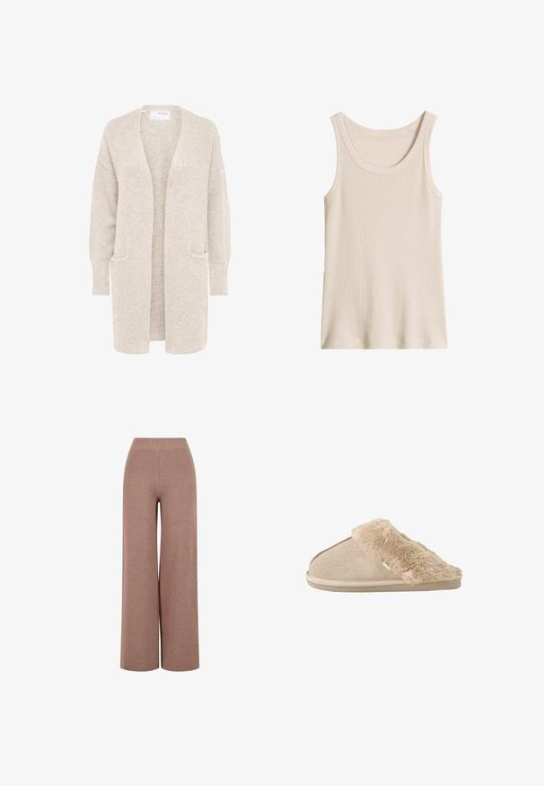 Lange beige open cardigan met lange mouwen en twee voorzakken, zachte gestructureerde gebreide stof.; Mouwloze beige geribbelde tanktop met een ronde hals en brede schouderbanden.; Bruine, wijde gebreide broeken van textuurstof, met een elastische tailleband en een losse pasvorm voor comfort.; Beige instappantoffel met zachte suède buitenkant en een zachte, pluizige voering en boord, ontworpen voor binnencomfort.