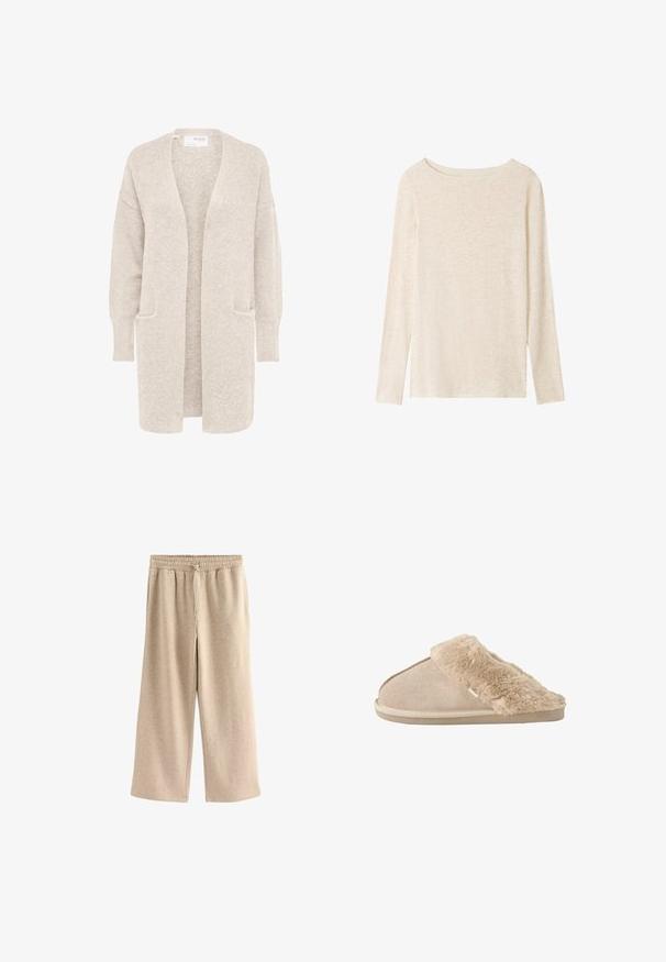 Lange beige open cardigan met lange mouwen en twee voorzakken, zachte gestructureerde gebreide stof.; Lichtbeige fijngebreide top met lange mouwen, boothals en een subtiele gemêleerde structuur.; Crème-kleurige wijde broek gemaakt van een zachte katoenmix. Heeft een elastische tailleband met trekkoord en een subtiele gespikkelde textuur.; Beige instappantoffel met zachte suède buitenkant en een zachte, pluizige voering en boord, ontworpen voor binnencomfort.