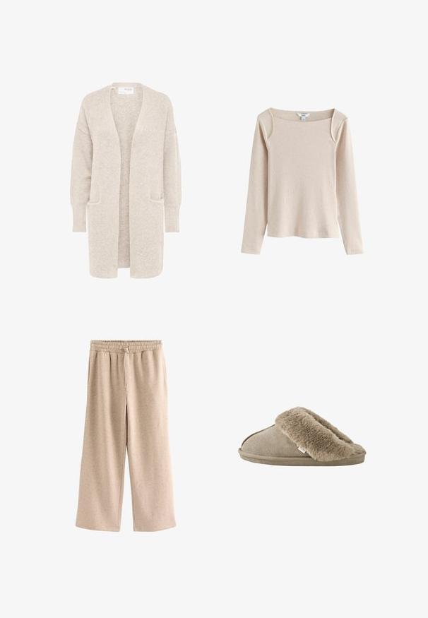 Lange beige open cardigan met lange mouwen en twee voorzakken, zachte gestructureerde gebreide stof.; Beige ribgebreide top met lange mouwen, vierkante halslijn en lichte schouderdetails, getoond op een witte achtergrond.; Beige broek met wijde pijpen, een elastische tailleband en een koordje, gemaakt van een zachte, gevlekte stof.; Beige instapslof met zachte, pluche bontvoering rond de opening en een suède-achtige buitenzool.