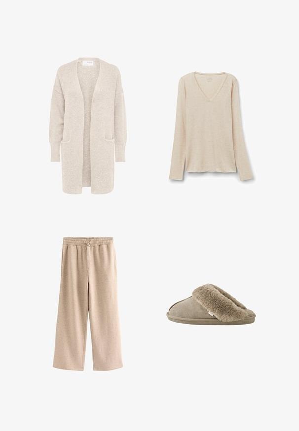 Lange beige open cardigan met lange mouwen en twee voorzakken, zachte gestructureerde gebreide stof.; Langarm V-hals top in lichtbeige stof met een zachte textuur. Relaxte pasvorm met een rechte zoom en een minimalistisch ontwerp.; Beige broek met wijde pijpen, een elastische tailleband en een koordje, gemaakt van een zachte, gevlekte stof.; Beige instapslof met zachte, pluche bontvoering rond de opening en een suède-achtige buitenzool.