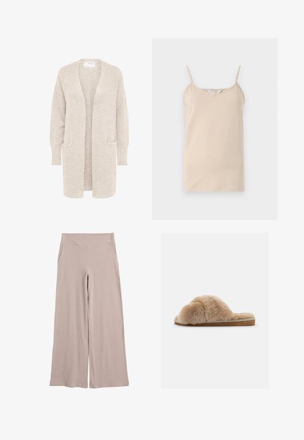 Langer beiger Cardigan mit offenem Vorderteil, langen Ärmeln und zwei Fronttaschen, weicher strukturierter Strickstoff.; Beige Spaghettitop mit dünnen Trägern und V-Ausschnitt, aus weichem Stoff mit glatter Textur und geradem Saum.; Weite Beinhosen aus leichtbeigem Stoff mit glatter Textur. Sie verfügen über einen hohen Bund und seitliche Taschen für Praktikabilität.; Flauschiger beiger Hausschuh mit weicher Textur, offener Ferse und Innenfutter. Flache Sohle mit einem hellbraunen Fußbett und beigen Nähten.