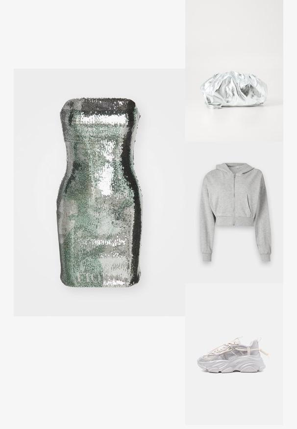 Grijze cropped hoodie van zachte stof, met een ritssluiting aan de voorkant, lange mouwen en twee voorzakken. Gladde textuur, verstelbare capuchon.; Cilindrische tas bedekt met pailletten in zilver- en groentinten, met een gladde textuur en reflecterend oppervlak, met een gebogen silhouette.; Stevige witte sneaker met meshpanelen, dikke gestructureerde zool, elastische lusveters en een trekkoord aan de hiel, zijaanzicht.; Metalen zilveren clutch tas met een zachte, geplooide body en een dunne schouderriem. Kenmerkt zich door een gladde, glanzende textuur en afgeronde vorm.
