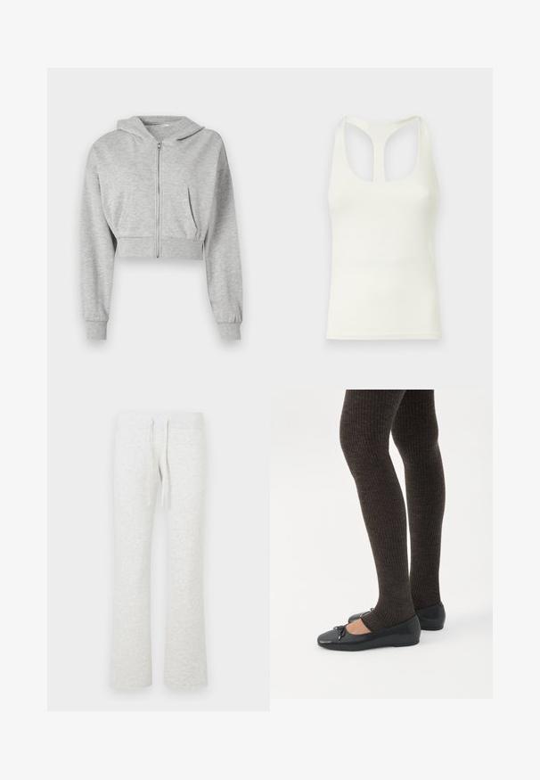 Grijze cropped hoodie van zachte stof, met een ritssluiting aan de voorkant, lange mouwen en twee voorzakken. Gladde textuur, verstelbare capuchon.; Witte tanktop gemaakt van gladde stof, met een racerback ontwerp en uitsneden. Eenvoudige, niet-versierde constructie.; Lichtgrijze joggingbroek gemaakt van zacht materiaal; heeft een taille met trekkoord en een wijd uitlopende pijp; gladde textuur zonder zichtbare patronen.; Benen met donkere geribbelde leggings gecombineerd met zwarte ballerina's met kleine strikdetails op een witte achtergrond.