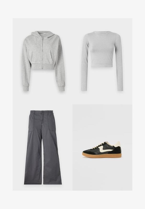 Grijze cropped hoodie van zachte stof, met een ritssluiting aan de voorkant, lange mouwen en twee voorzakken. Gladde textuur, verstelbare capuchon.; Lichtgrijze cropped langemouwen top gemaakt van een rekbare stof, met een eenvoudige ronde halslijn en een gladde textuur.; Grijze wijde broek met een gladde textuur, voorzien van voorzakken, een knoopsluiting en gestikte details langs de naden.; Zwarte suède en leren sneaker met een crèmekleurige zij-swoosh en lichte crèmekleurige hiel. Voorzien van beige veters en een gumrubberen zool.