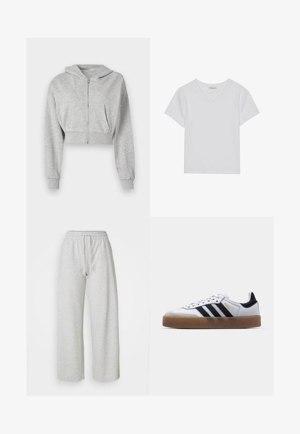 Grijze cropped hoodie van zachte stof, met een ritssluiting aan de voorkant, lange mouwen en twee voorzakken. Gladde textuur, verstelbare capuchon.; Witte T-shirt met korte mouwen en V-hals, gemaakt van ribbelstof. Heeft een strakke ontwerp met een rechte zoom en minimale details.; Even&Odd Petite Trainingsbroek - mottled light grey; Witte leren sneakers met zwarte strepen, gumrubberen buitenzool, ronde neus, vetersluiting en een zachte grijze suède neuskap.