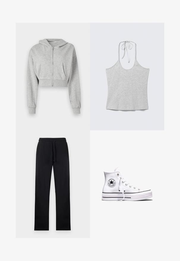 Grijze cropped hoodie van zachte stof, met een ritssluiting aan de voorkant, lange mouwen en twee voorzakken. Gladde textuur, verstelbare capuchon.; Lichtgrijs mouwloos haltertop met een strik bij de hals, plat gelegd tegen een witte achtergrond.; Zwarte sweatpants met rechte pijpen, elastische tailleband en vooraan een trekkoord, plat uitgestald op een lichte achtergrond.; Witte Converse Chuck Taylor All Star sneaker met hoge schacht, zwarte strepen en logo-patch aan de zijkant, weergegeven tegen een effen witte achtergrond.