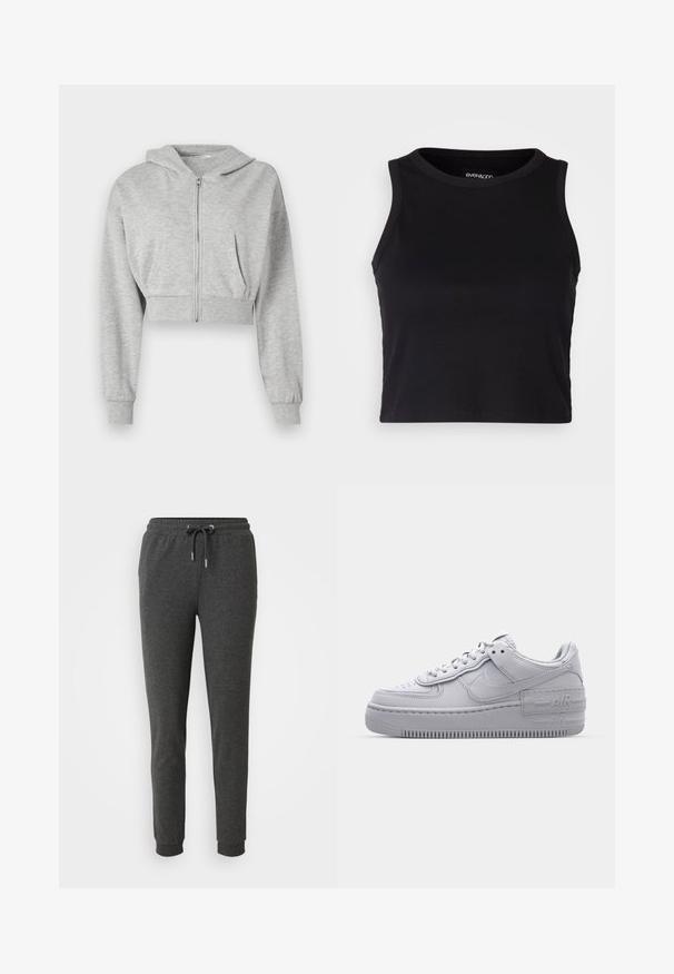 Grijze cropped hoodie van zachte stof, met een ritssluiting aan de voorkant, lange mouwen en twee voorzakken. Gladde textuur, verstelbare capuchon.; Zwarte geribbelde crop tanktop met een ronde halslijn en mouwloos ontwerp. Gemaakt van zachte, rekbare stof, met een nette afgeronde rand.; Donkergrijze sweatpants van zacht materiaal, met een elastische tailleband met trekkoord, taps toelopende broekspijpen en enkelmanchetten.; Grijze Nike Air Force 1 sneaker met geperforeerde neus, glad leren bovenwerk, dikke zool en verhoogde 'AIR' details op de hiel.