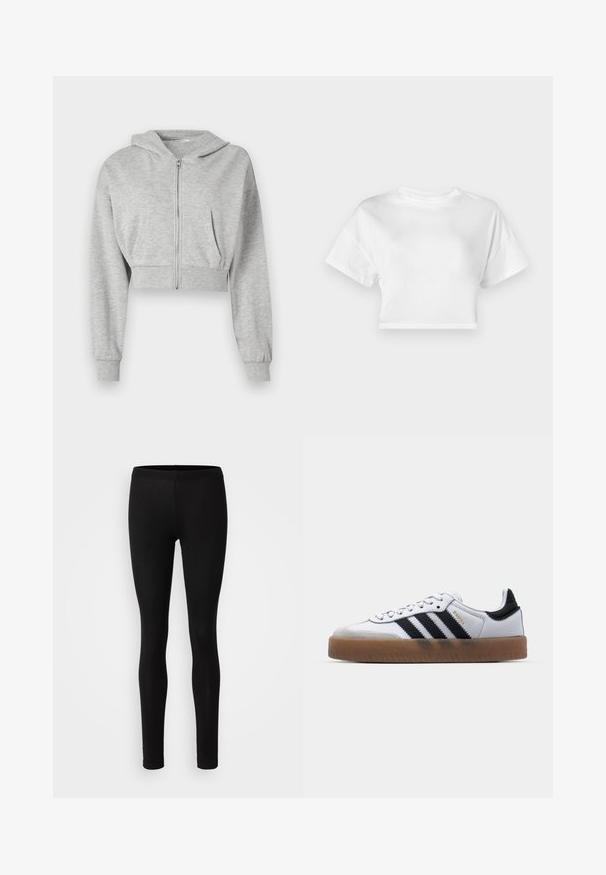 Grijze cropped hoodie van zachte stof, met een ritssluiting aan de voorkant, lange mouwen en twee voorzakken. Gladde textuur, verstelbare capuchon.; Witte cropped t-shirt van katoen. Korte mouwen, ronde halslijn, gladde textuur, casual ontwerp zonder patronen of versieringen.; Zwarte leggings gemaakt van een zachte, rekbare stof. Ze hebben een slim fit met een elastische taille en een gladde, matte textuur.; Witte leren sneakers met zwarte strepen, gumrubberen buitenzool, ronde neus, vetersluiting en een zachte grijze suède neuskap.