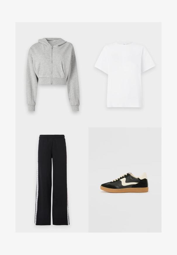 Grijze cropped hoodie van zachte stof, met een ritssluiting aan de voorkant, lange mouwen en twee voorzakken. Gladde textuur, verstelbare capuchon.; Witte korte mouwen t-shirt van katoen. Heeft een ronde hals, een ontspannen pasvorm en een zachte textuur zonder patronen of accenten.; Zwarte wijde broek met elastische tailleband en witte, kantachtige strepen langs elke zijnade.; Zwarte suède en leren sneaker met een crèmekleurige zij-swoosh en lichte crèmekleurige hiel. Voorzien van beige veters en een gumrubberen zool.