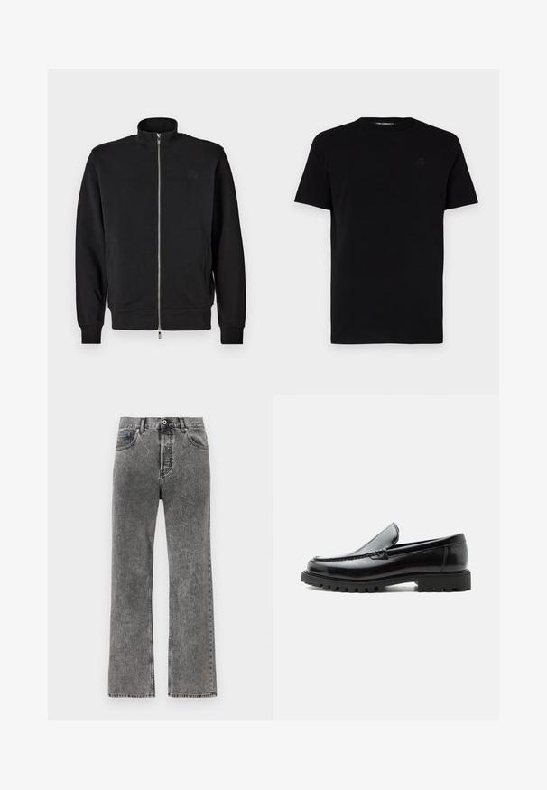 Schwarzer Zip-Up-Pullover mit hohem Kragen, gerippten Bündchen und seitlichen Taschen. Weicher Stoff mit einem dezenten, geprägten Logo auf der Brust.; Schwarzes kurzärmliges T-Shirt aus Baumwolle mit Rundhalsausschnitt und einem dezent geprägten Logo auf der linken Brust. Glatte Textur.; Schwarze gewaschene Denim-Jeans mit geradem Bein, Frontknopf und Reißverschluss, Gürtelschlaufen und Fünf-Taschen-Design.; Schwarzer Lederloafer mit grober Gummisohle, genähter Oberseite und geprägtem Markennamen an der Ferse, seitlich auf weißem Hintergrund gezeigt.