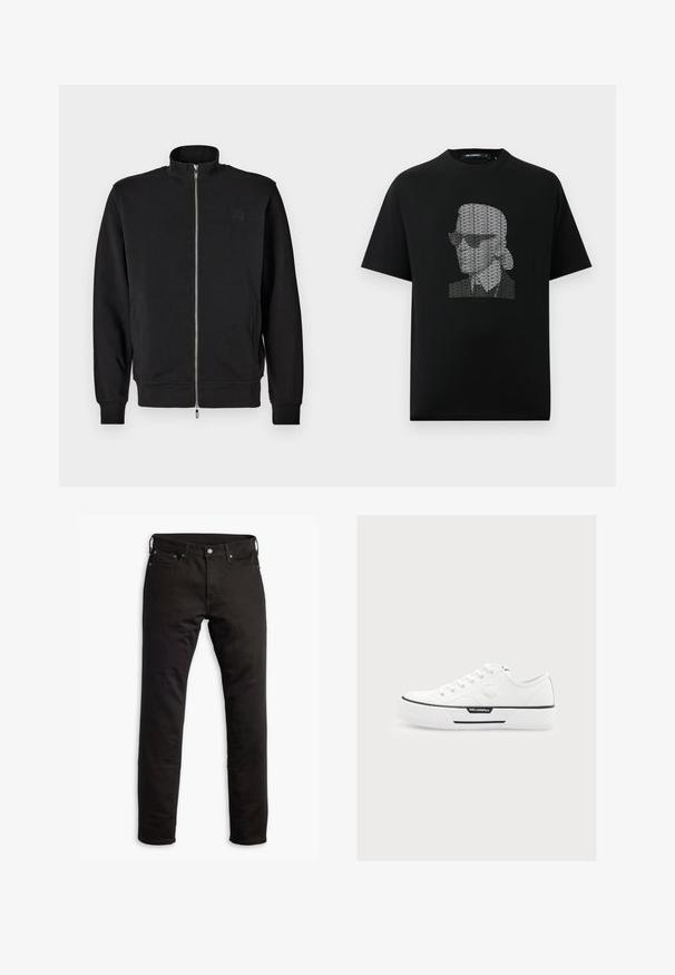 Schwarzer Zip-Up-Pullover mit hohem Kragen, gerippten Bündchen und seitlichen Taschen. Weicher Stoff mit einem dezenten, geprägten Logo auf der Brust.; Schwarzes Baumwoll-T-Shirt mit einem grafischen Aufdruck eines stilisierten Gesichts mit Sonnenbrille, das aus sich wiederholendem weißen Text besteht. Rundhalsausschnitt, kurze Ärmel.; Schwarze Denim-Jeans mit geradem Bein, Fronttaschen und Knopfverschluss. Der Stoff hat eine glatte Textur und minimale Details.; Weißer Sneaker mit niedrigem Schaft, Schnürung vorne, dicker Sohle, schwarzen Streifen, Karl Lagerfeld-Logo und geprägtem Gesicht-Detail an der Seite.