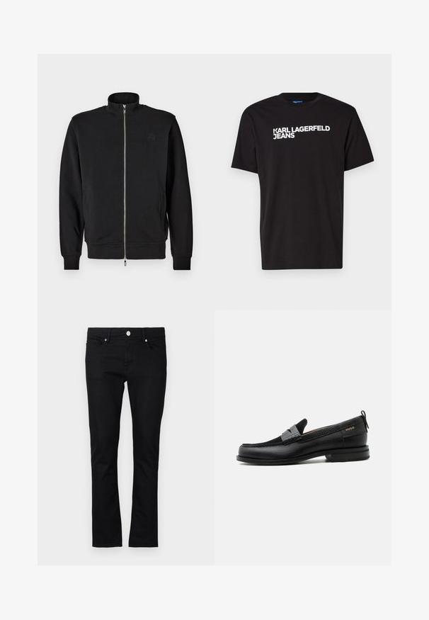 Schwarzer Zip-Up-Pullover mit hohem Kragen, gerippten Bündchen und seitlichen Taschen. Weicher Stoff mit einem dezenten, geprägten Logo auf der Brust.; Schwarzes Baumwoll-T-Shirt mit kurzen Ärmeln und rundem Halsausschnitt, mit weißem Text "KARL LAGERFELD JEANS" diagonal über die Vorderseite.; Schwarze Denim-Jeans im slim fit Schnitt, mit geradem Bein, im Fünf-Taschen-Stil und Metallknopfverschluss, mit minimalen Steppdetails.; Schwarzer Lederloafer mit grauem Riemendetail, niedrigem Absatz und strukturierter Sohle, seitlich mit „HUGO“ in Gold gebrandmarkt.
