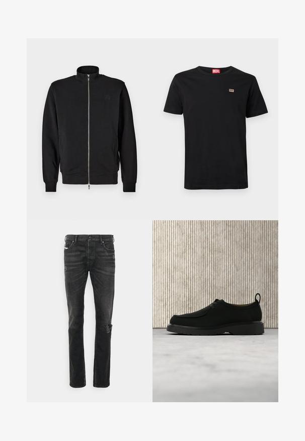 Schwarzer Zip-Up-Pullover mit hohem Kragen, gerippten Bündchen und seitlichen Taschen. Weicher Stoff mit einem dezenten, geprägten Logo auf der Brust.; Schwarzes kurzärmeliges T-Shirt aus Baumwolle mit Rundhalsausschnitt. Verfügt über einen kleinen Markenaufnäher auf der linken Brust.; Schwarze Denim-Jeans mit geradem Schnitt, versehen mit Abnutzungsspuren am Knie, Fünf-Taschen-Design und subtiler Ausbleichung der Stoffstruktur.; Schwarzer Leder-Casual-Schuh mit Schnürsenkeln, dicker Sohle und Zuglasche, schwebt in der Luft über einem beigen Teppich vor braunen, runden Möbeln im Hintergrund.