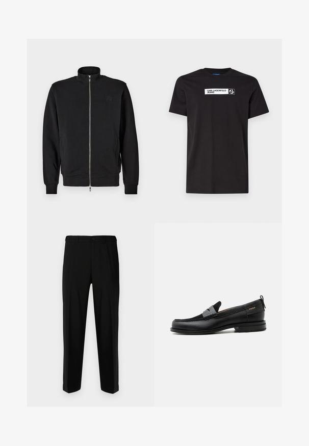 Sweat-shirt zippé noir avec un col haut, des poignets côtelés et des poches latérales. Tissu doux avec un logo embossé subtil sur la poitrine.; T-shirt en coton noir à manches courtes avec un graphique texte blanc portant la mention "KARL LAGERFELD JEANS" et un logo, col rond.; Pantalon noir en tissu lisse, présentant une coupe droite, deux poches avant et une fermeture à glissière avec bouton.; Mocassin en cuir noir avec détail de bride grise, talon bas et semelle texturée, marqué "HUGO" en or sur le côté.