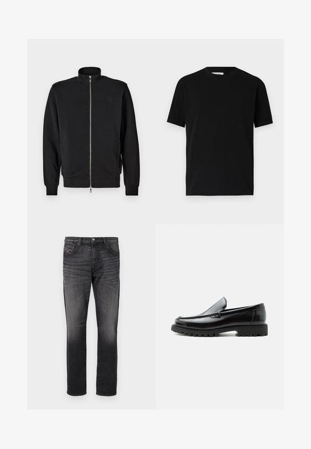 Sort zip-up sweatshirt med høj krave, ribbede manchetter og sidelommer. Blødt stof med et subtilt prægede logo på brystet.; Sort kortærmet t-shirt lavet af bomuld med rund halsudskæring og løs pasform. Glat tekstur, ingen mønstre eller synlige logoer.; Sorte denim jeans med lige ben, fem lommer, subtil falming og et lille rødt stofmærke på forlommen.; Sort læderloafer med chunky gummisål, syet overdel og præget mærkenavn på hælen, vist i sideprofil på hvid baggrund.