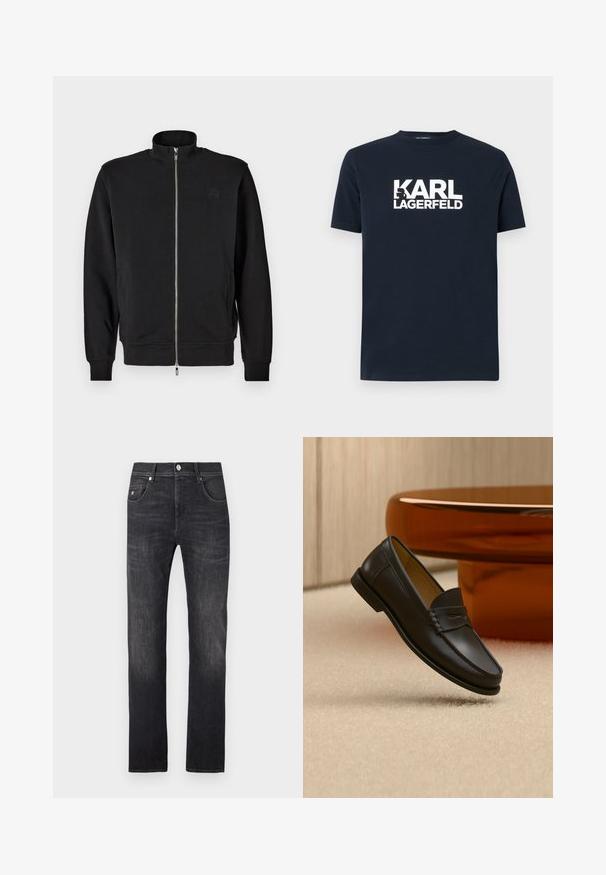 Sort zip-up sweatshirt med høj krave, ribbede manchetter og sidelommer. Blødt stof med et subtilt prægede logo på brystet.; Marineblå bomulds T-shirt med korte ærmer og rund halsudskæring, med en fed hvid "KARL LAGERFELD" logo tværs over brystet.; Mørkegrå denimjeans med lige pasform, der har fem lommer, knaplukning og subtile falmede detaljer langs benene.; Sort læder loafer-sko hængende over beige tæppe med ravfarvet moderne møblement i baggrunden.