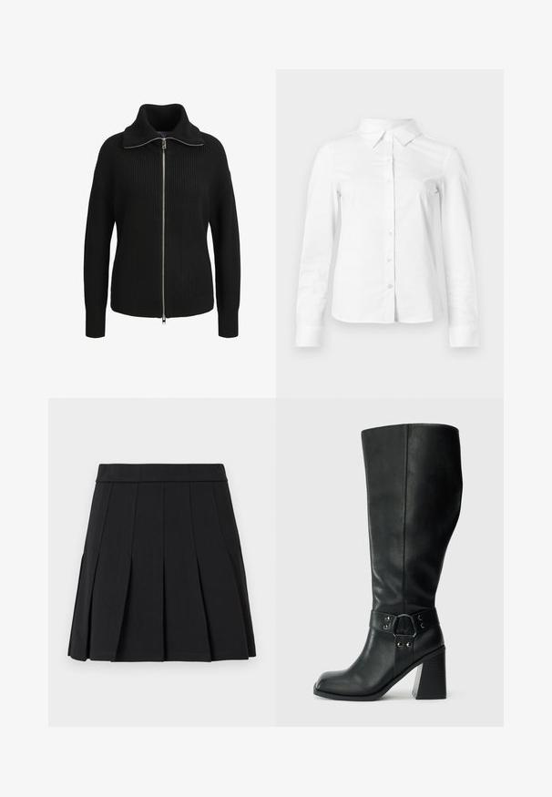 Zwarte gebreide trui met lange mouwen en ritssluiting, een hoge kraag en geribbelde structuur, voorkant weergegeven op een witte achtergrond.; Witte blouse met lange mouwen en knopen, met puntige kraag, rechte zoom en aansluitende silhouet, weergegeven op een effen lichte achtergrond.; Zwarte geplooide rok gemaakt van een glad materiaal. Voorzien van een brede tailleband en meerdere verticale mesplooien.; Kniehoge zwarte leren laarzen met een vierkante neus, brede hak en een decoratieve band met metalen accenten rond de enkel. Gladde textuur.